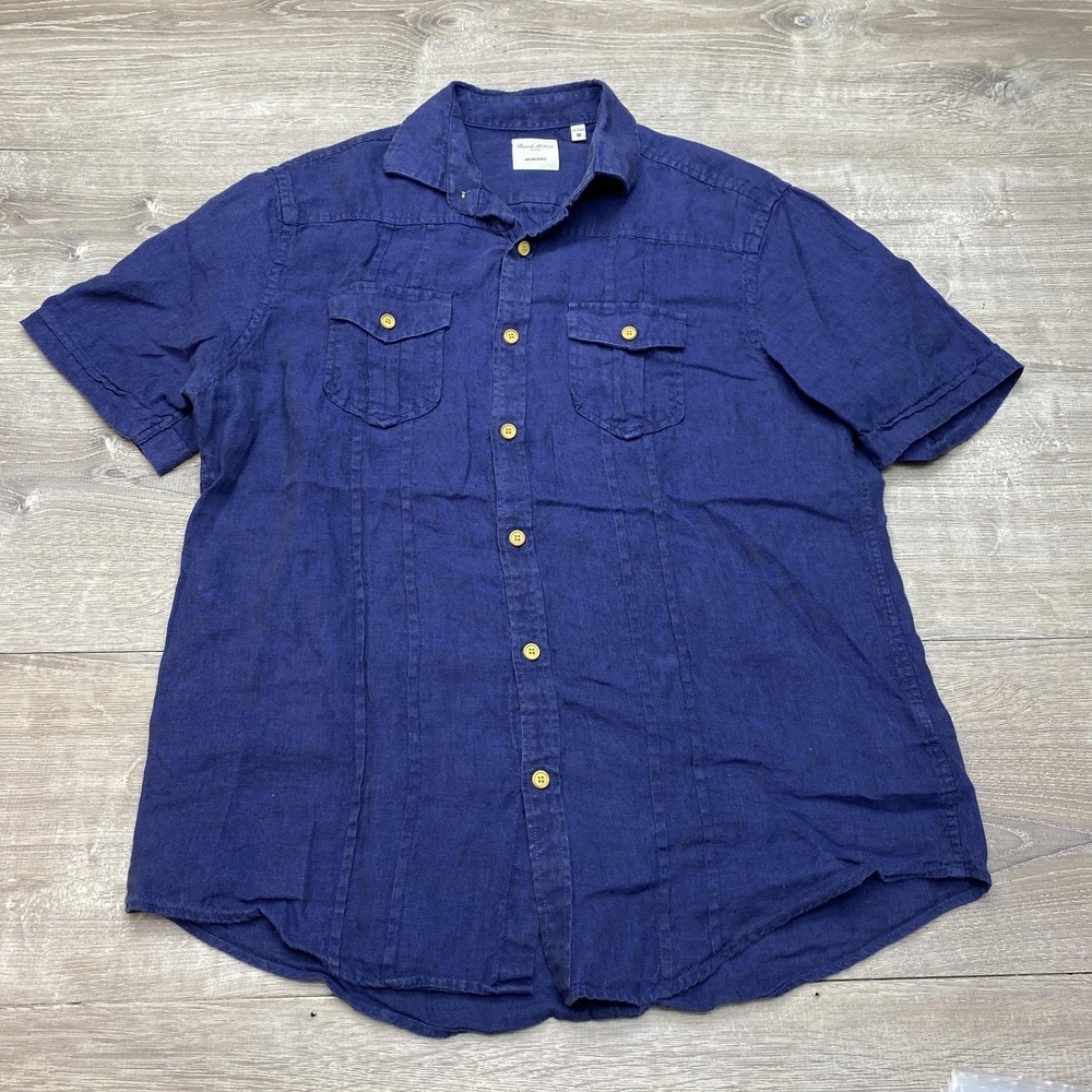 Baird McNutt Murano Shirt Mens Medium Blue Linen Short Sleeve Button Up Casual